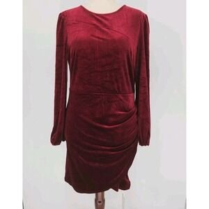 Jeceika Red Velvet Ruched Bodycon Dress Long Sleeve Midi Womens L‎ NWT Holiday